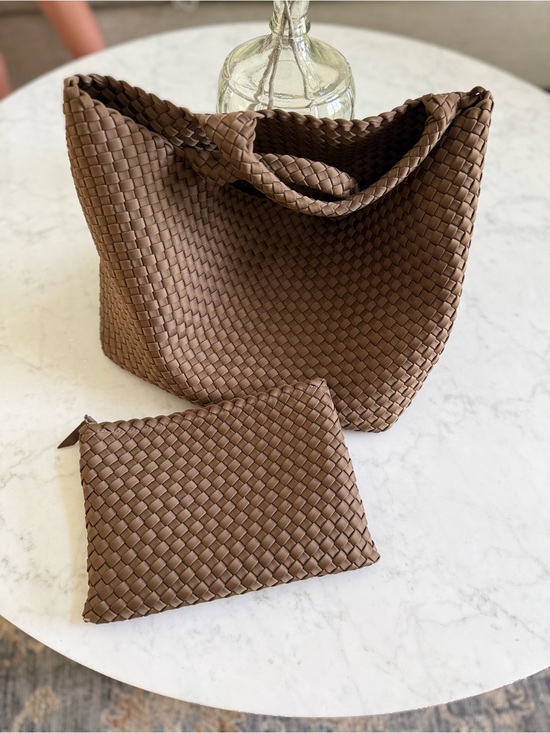 Naghedi Handbags - Naghedi Brown Woven Tote Bag With Matching Pouch Vegan Leather Medium Mink